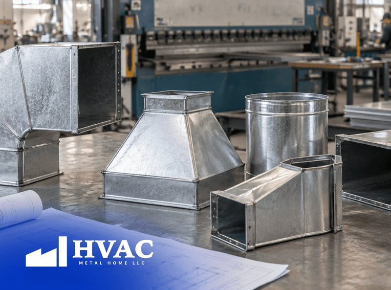 Sheet metal fabrication in an HVAC workshop showing custom duct components, transitions, reducers, and fittings produced from project specifications.
