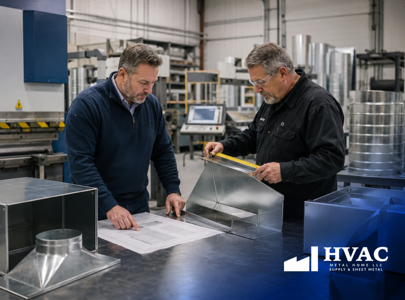 Guide to choosing a ductwork fabricator in New Jersey, illustrated with custom galvanized duct fittings.