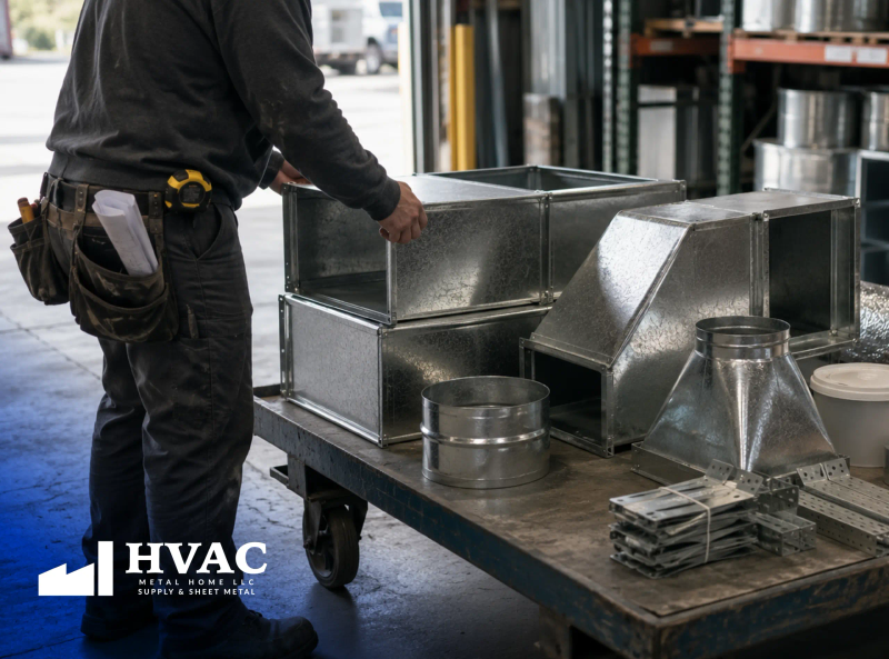 HVAC supplies a contractor should plan before starting a ductwork project, laid out on a workbench.