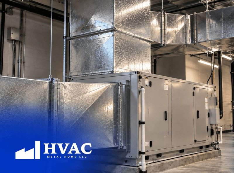 Plenum HVAC system connected to commercial air-handling equipment, showing custom supply and return ductwork connections in a mechanical space.